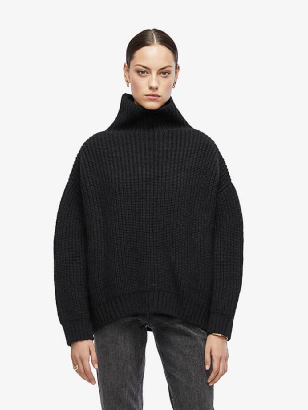 Anine Bing Sydney Sweater, Ribbed, Mock Neck, Black, Alpaca Blend, Sz Small